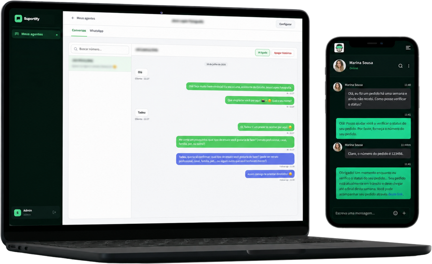 Painel do Suportify no notebook e uma conversa de WhatsApp no celular